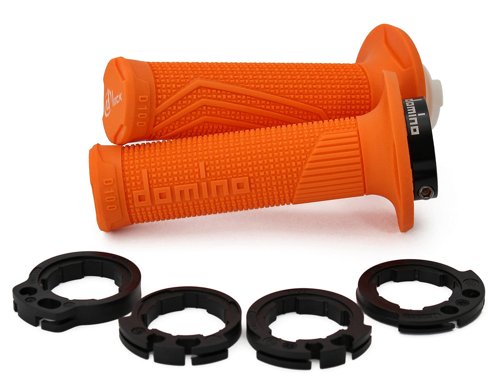 Domino D100 lock-on grips orange front view showing secure clamp design
