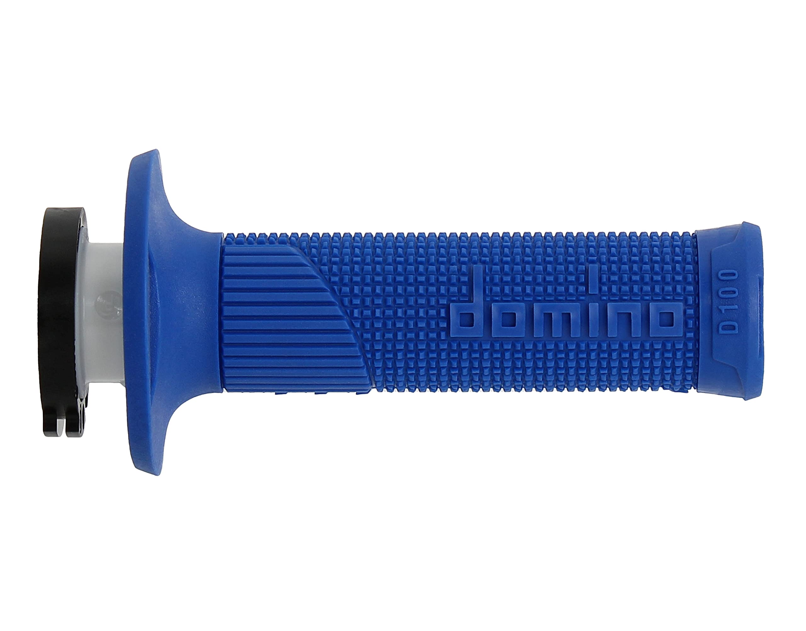 Blue DOMINO D100 grip with 116mm length visual reference on dirt bike handlebar.