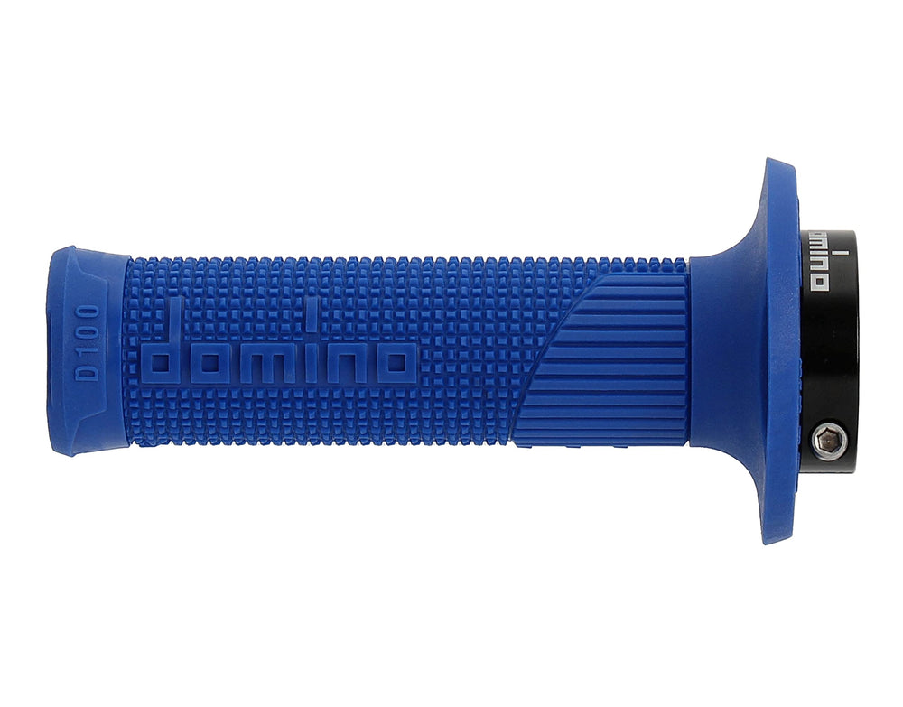 Close-up of blue D100 grip end, illustrating closed-end design and durability.