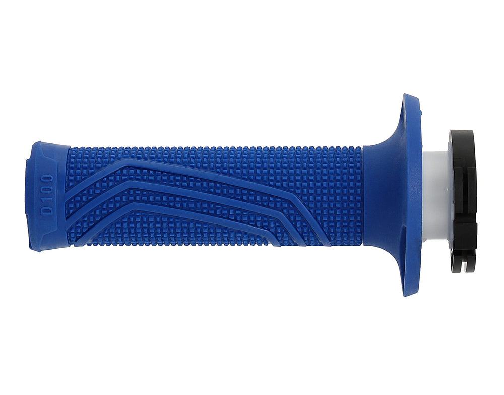 Pack shot of blue DOMINO D100 grips, sold in pairs for motocross setups.