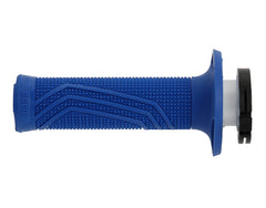Pack shot of blue DOMINO D100 grips, sold in pairs for motocross setups.