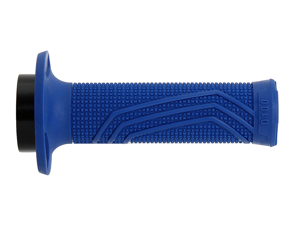Blue DOMINO D100 lock-on grips, top view highlighting secure lock-on performance.