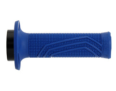 Blue DOMINO D100 lock-on grips, top view highlighting secure lock-on performance.