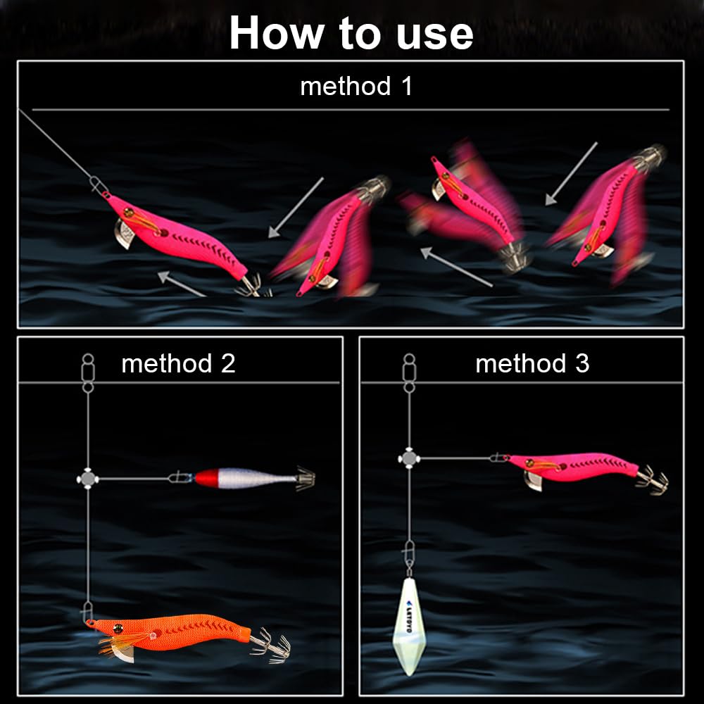 Bright color options to attract fish and squid