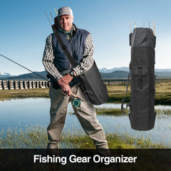 Canvas backpack style fishing rod case holding five rods