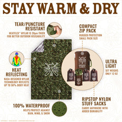Don't Die In The Woods heatFlex blanket in stuff sack shows ultra-compact portability for trails.