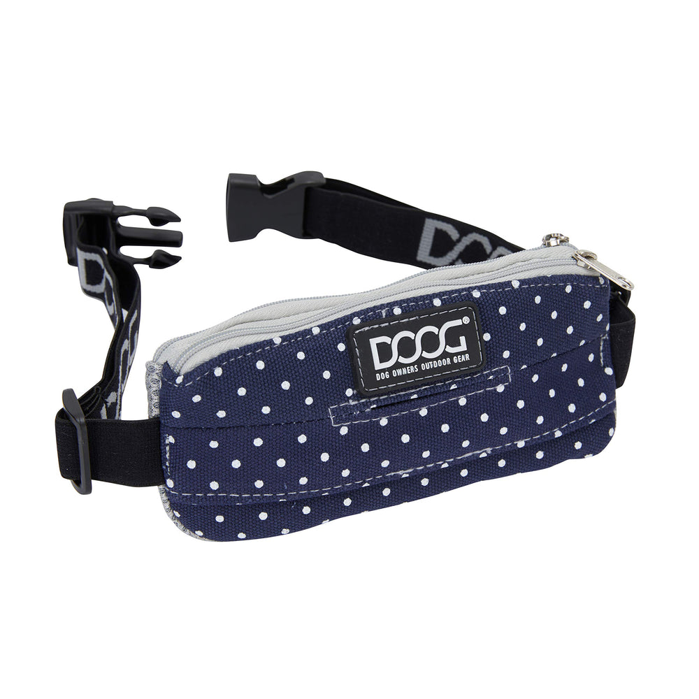 DOOG Mini Belt Stella in navy polka dot ready for a run