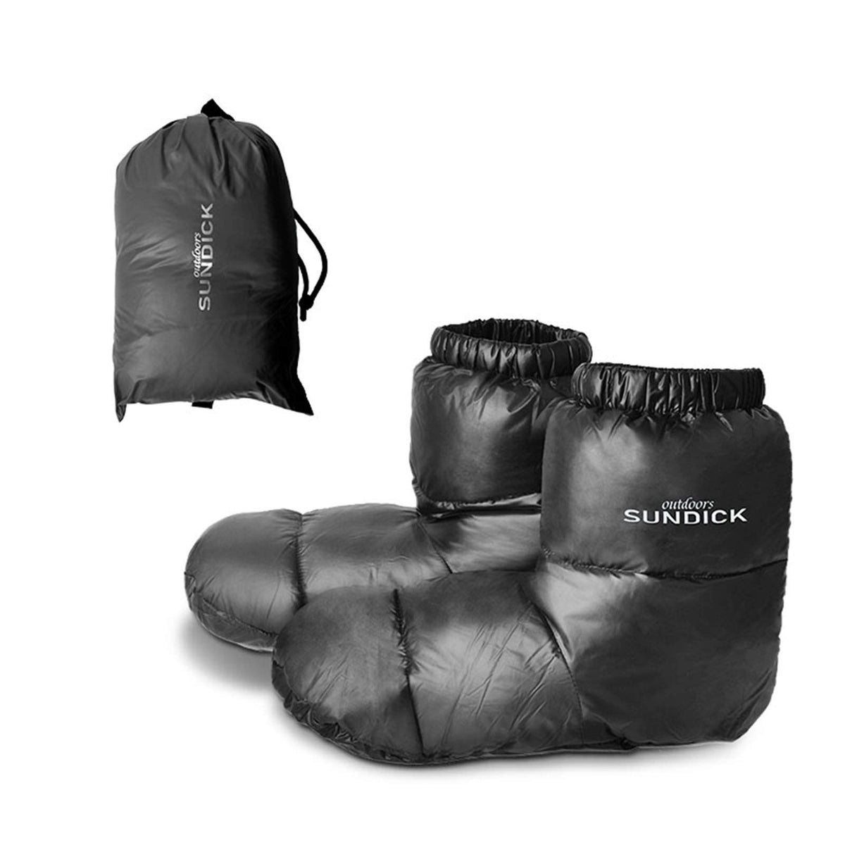 Doorslay Down Booties on feet provide warmth for cold camping nights.