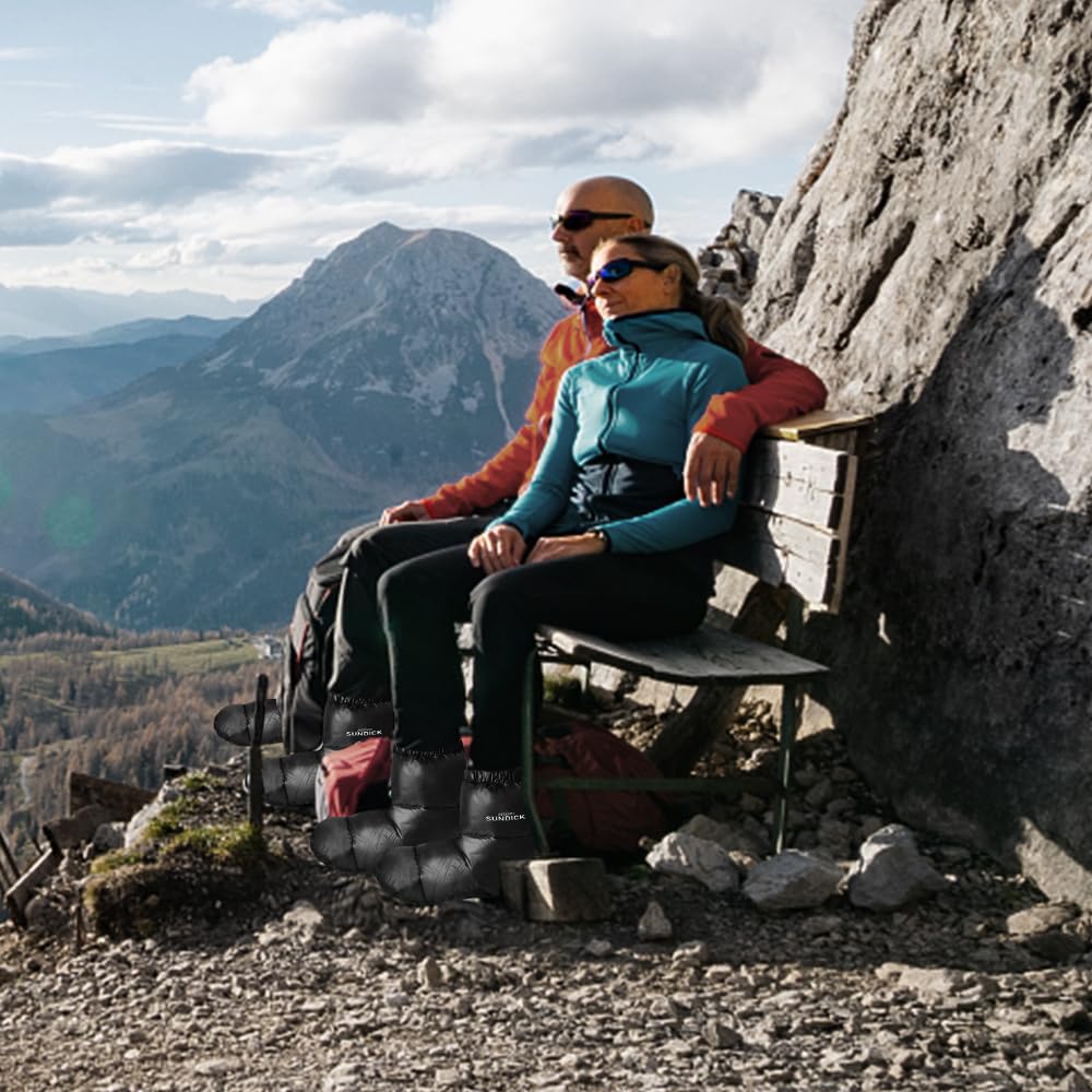 Doorslay Down Booties with water-repellent shell protect feet in damp camping conditions.