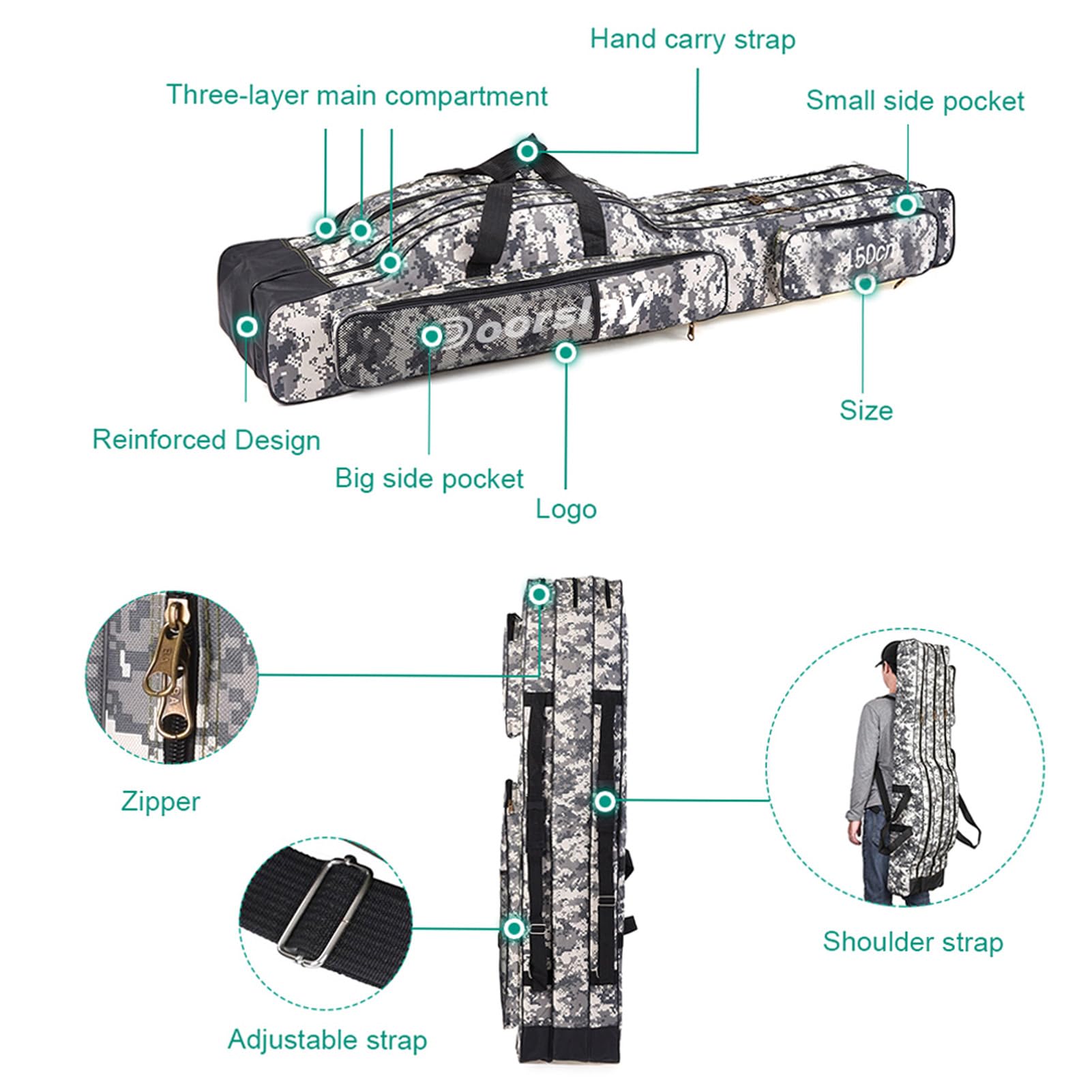 Doorslay fishing bag made of durable 600D Oxford fabric resists wear and moisture
