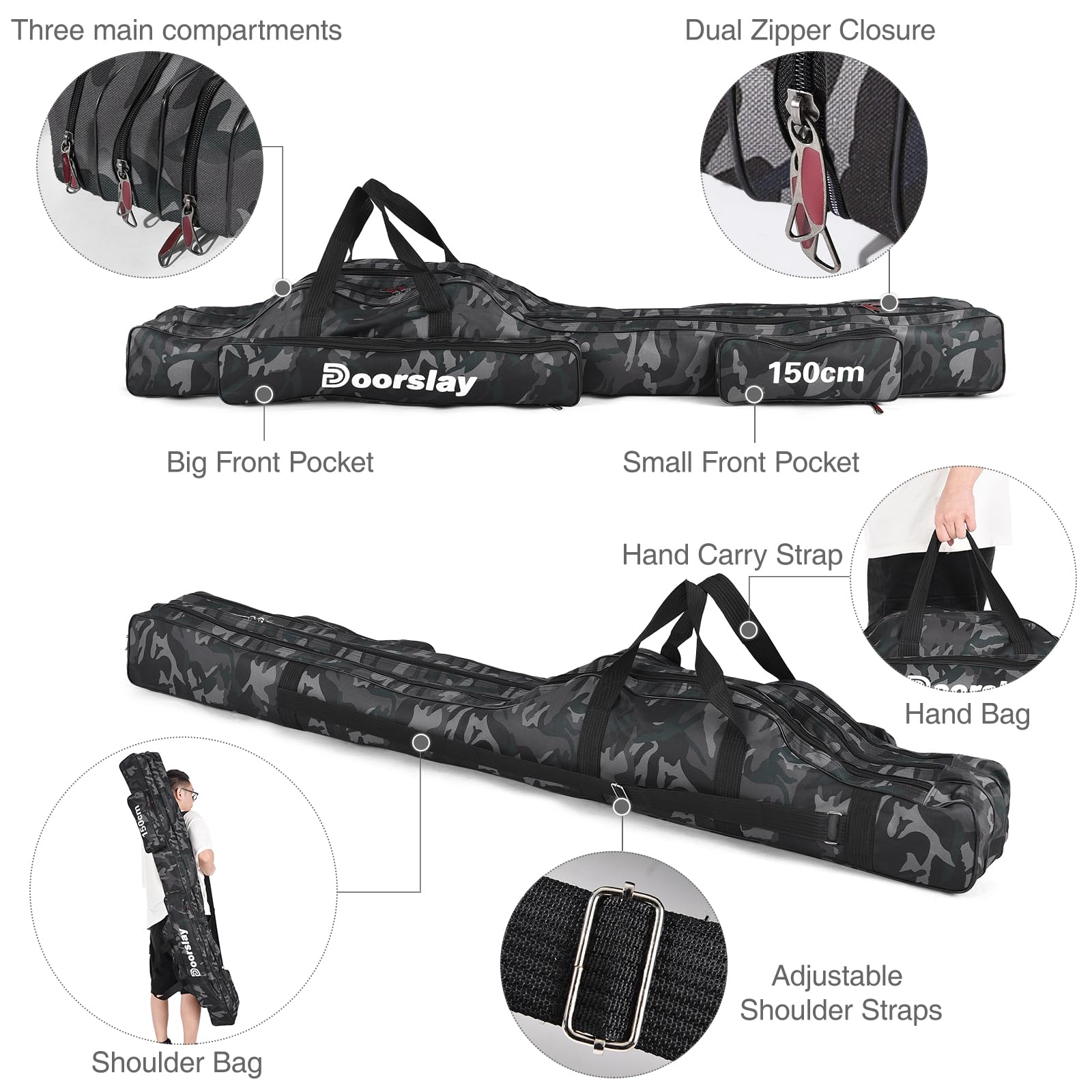 Doorslay fishing rod case camouflage design blends with gear on lakeside outings.