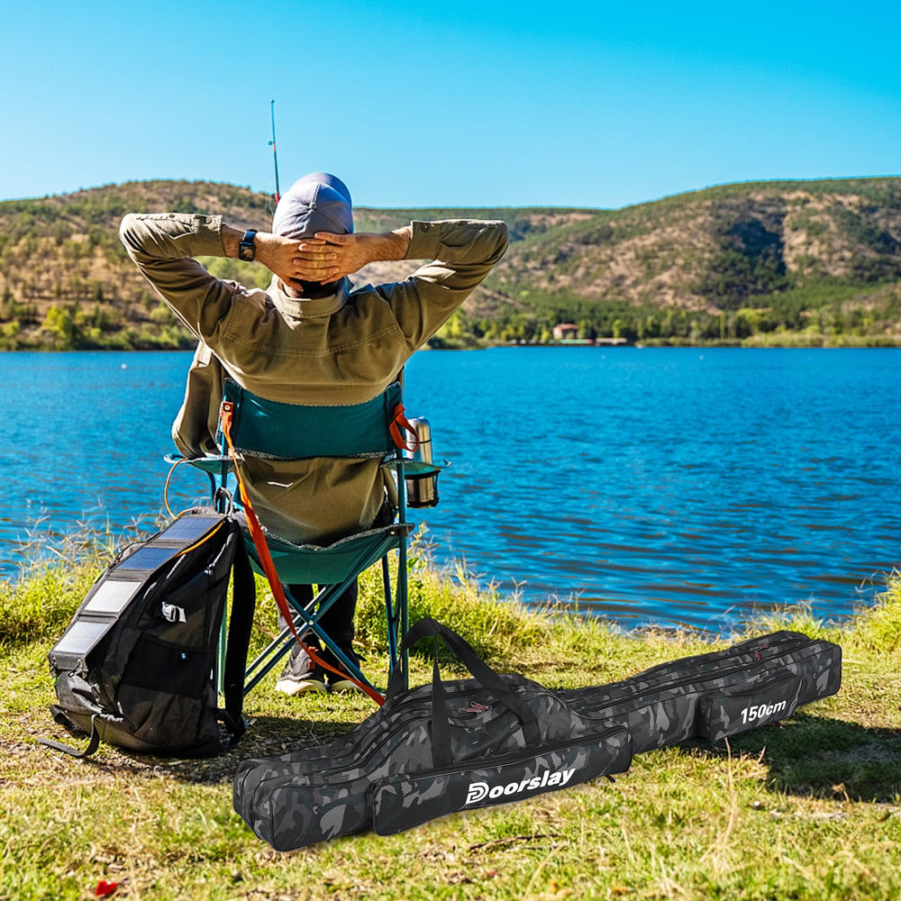 Doorslay fishing rod case exterior pockets keep lures and small items organized.