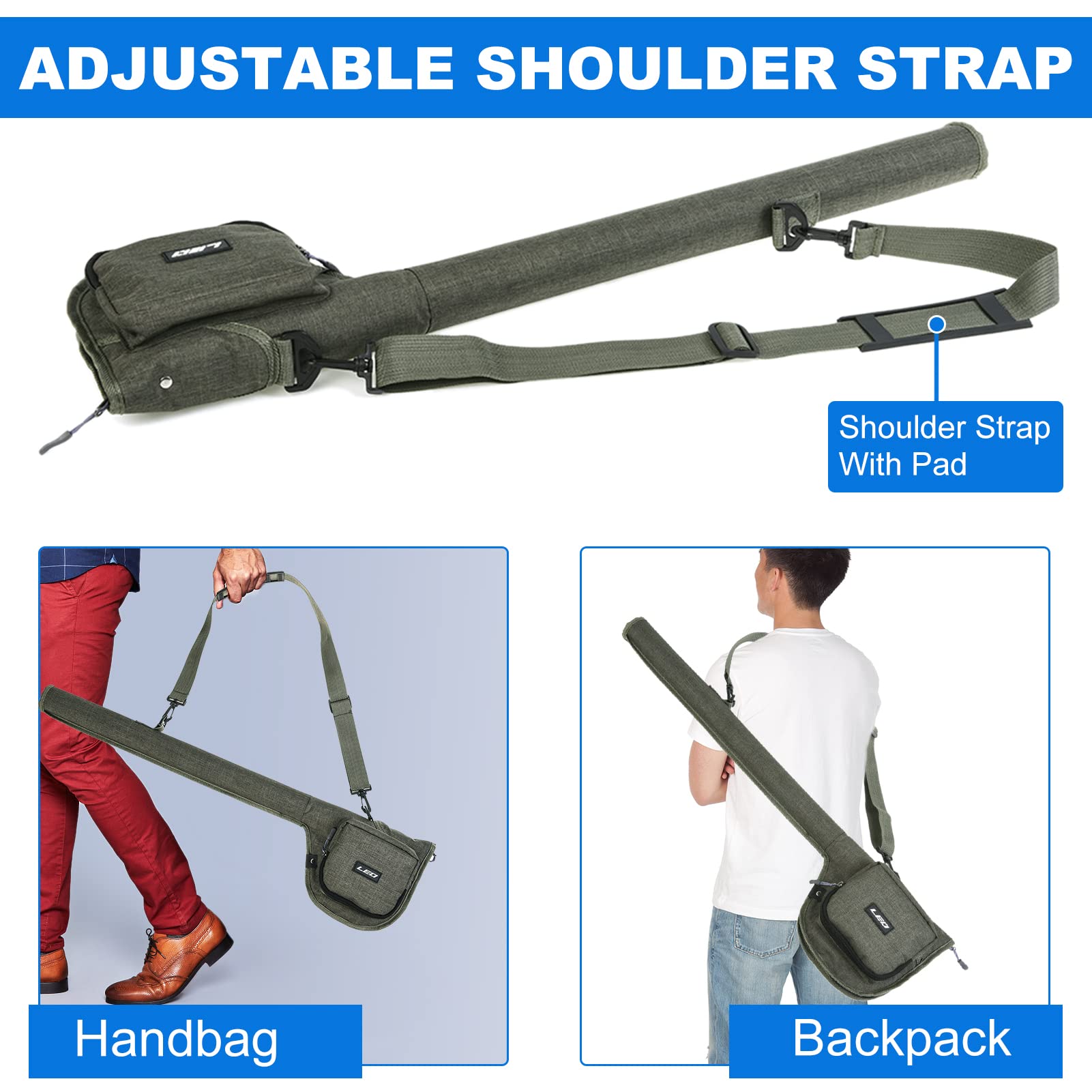 Adjustable shoulder strap with pad on Doorslay rod bag