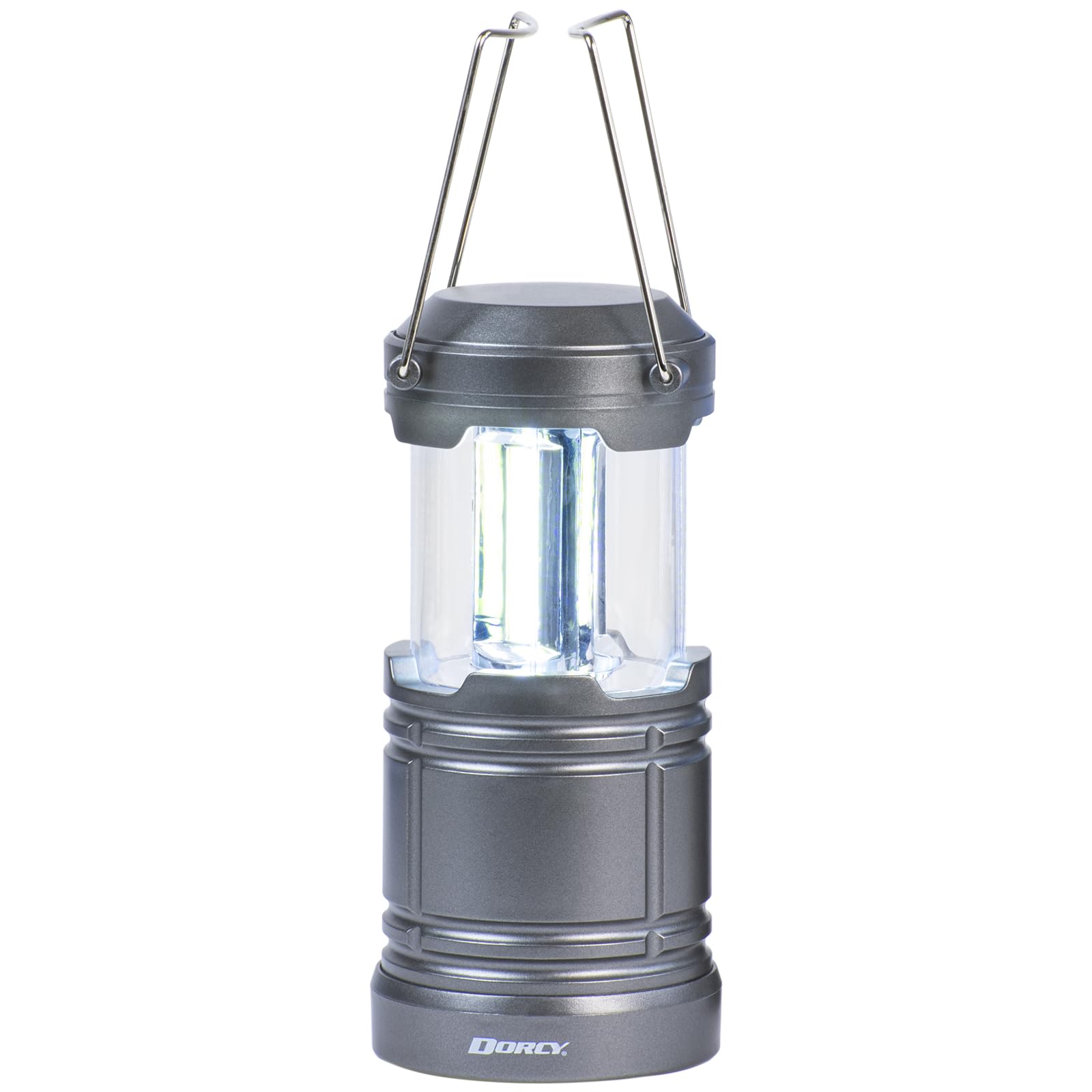 Dorcy pop-up 500-lumen COB lantern open for bright, portable lighting during camping or outages.