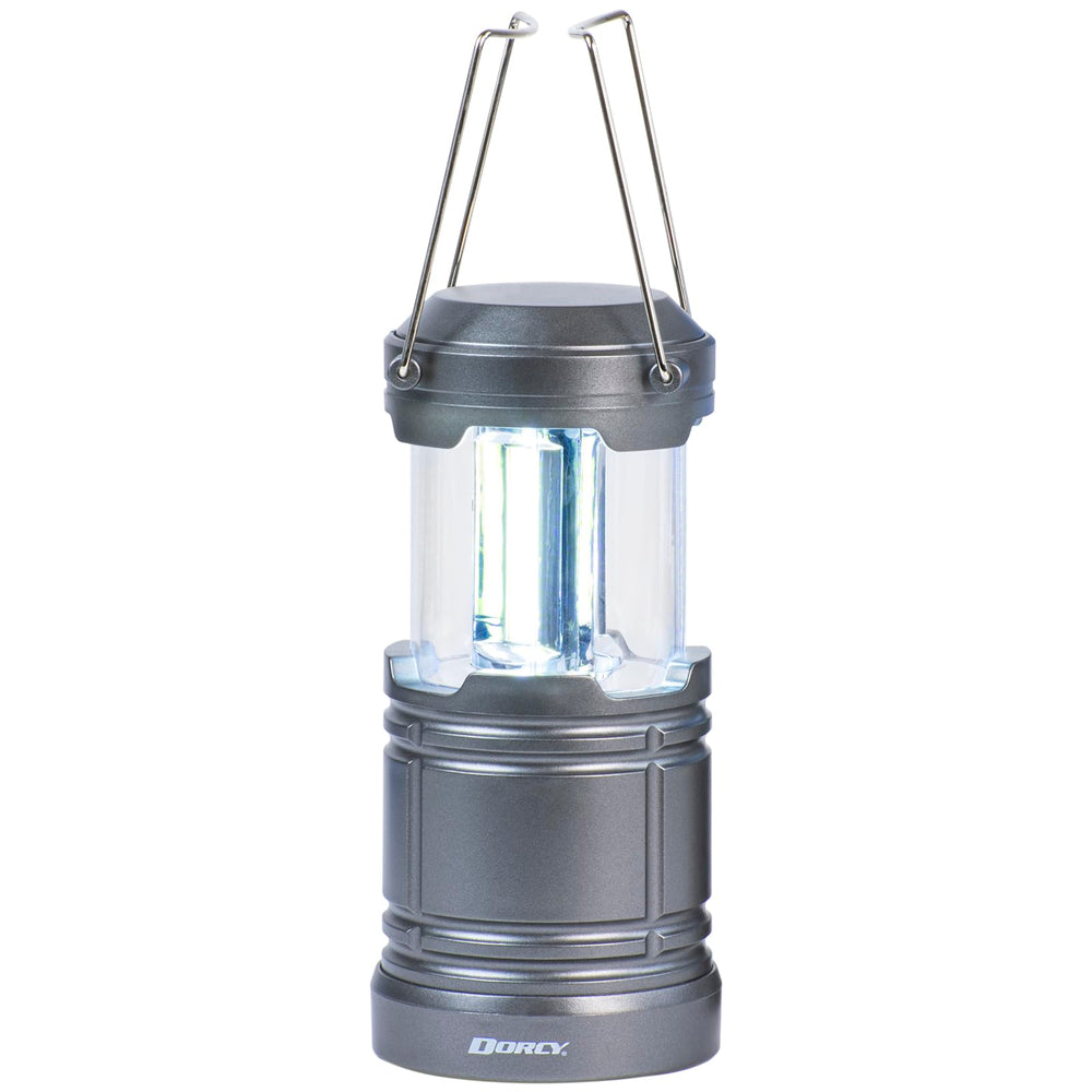 Dorcy pop-up 500-lumen COB lantern open for bright, portable lighting during camping or outages.