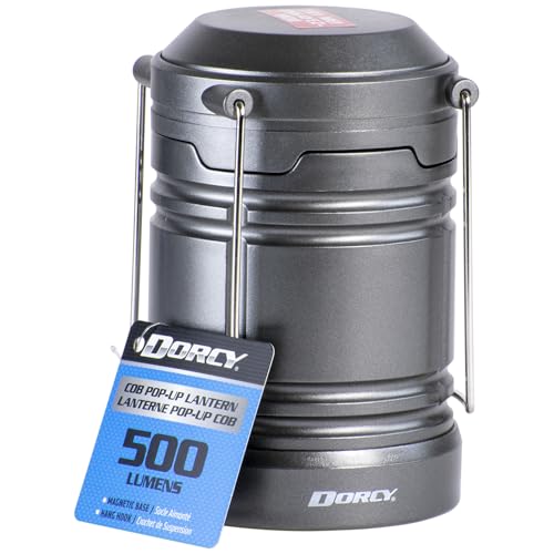 Dorcy pop-up lantern hanging from tent hook for flexible camp lighting.