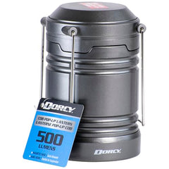 Dorcy pop-up lantern hanging from tent hook for flexible camp lighting.