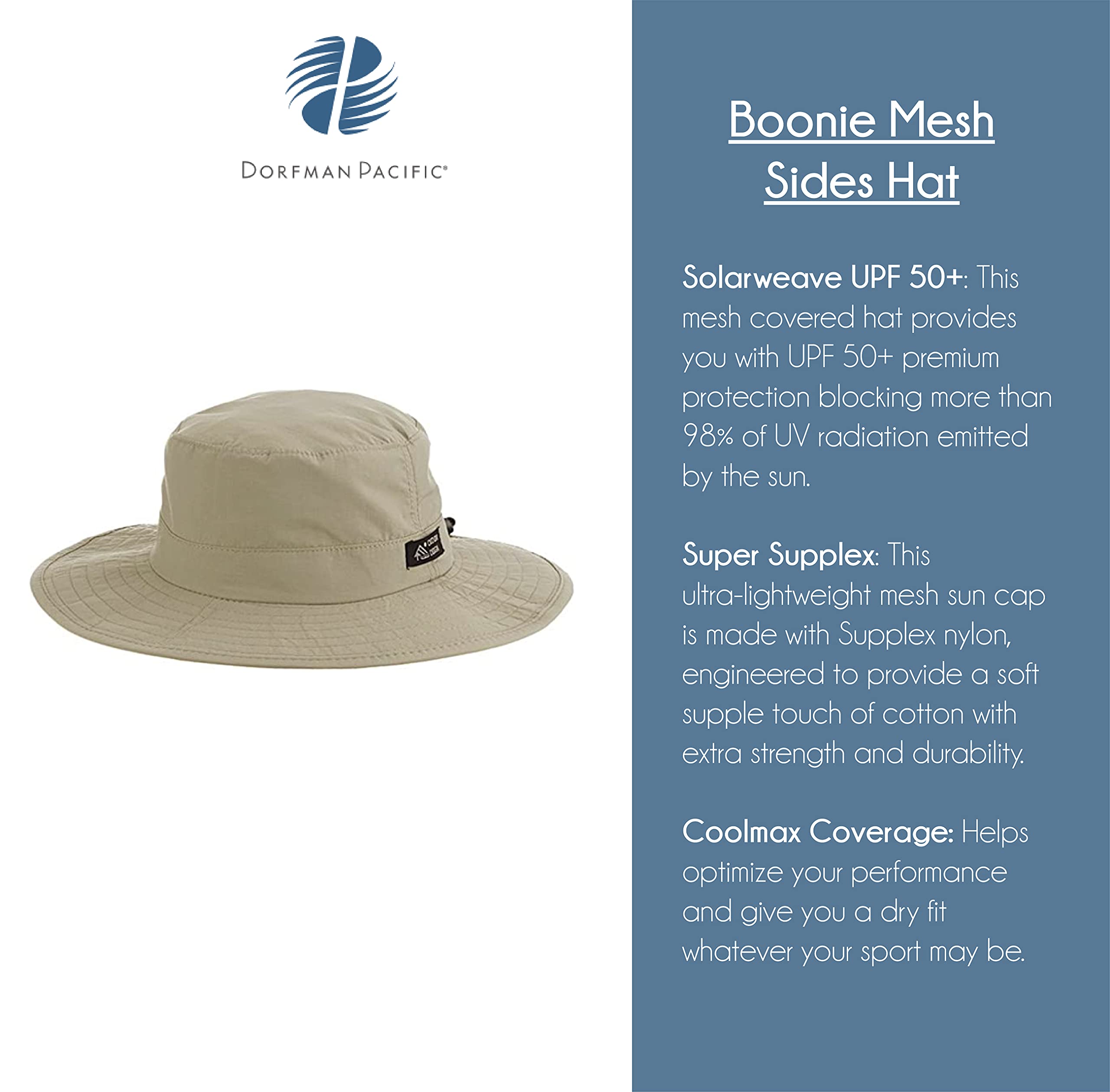 Dorfman Pacific khaki boonie hat with nylon chin cord for secure fit.