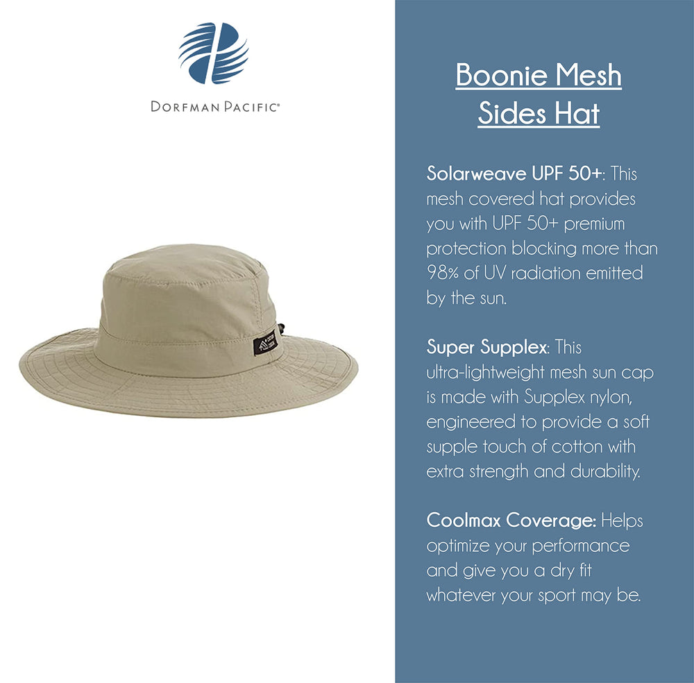 Dorfman Pacific khaki boonie hat with nylon chin cord for secure fit.