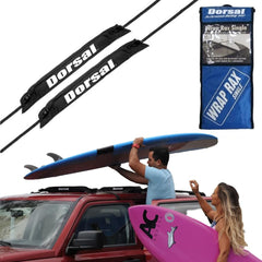 DORSAL universal soft roof rack pads on crossbar protecting surfboard during transport