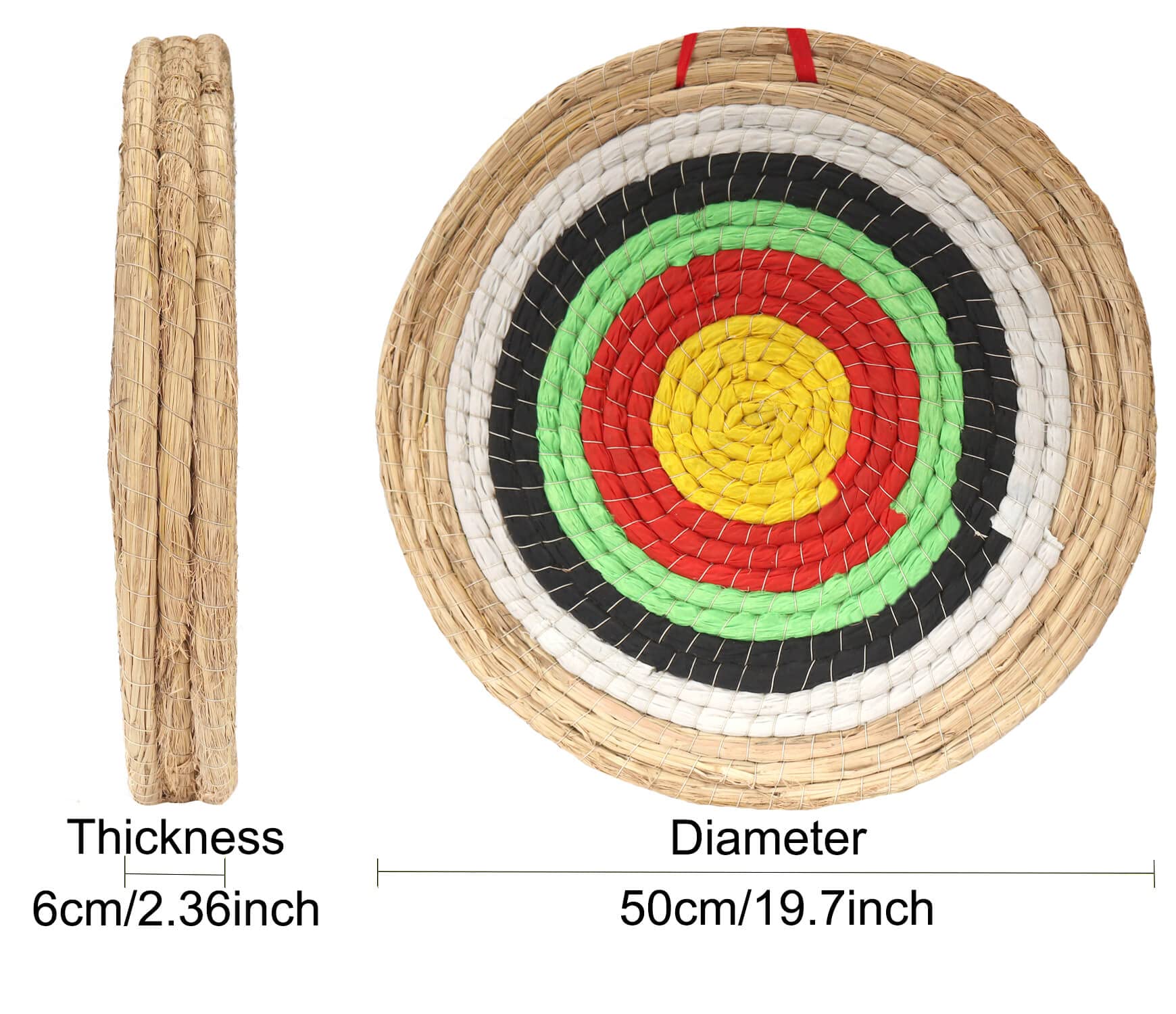Dostyle archery target with coloured rope face enhances visibility during practice.
