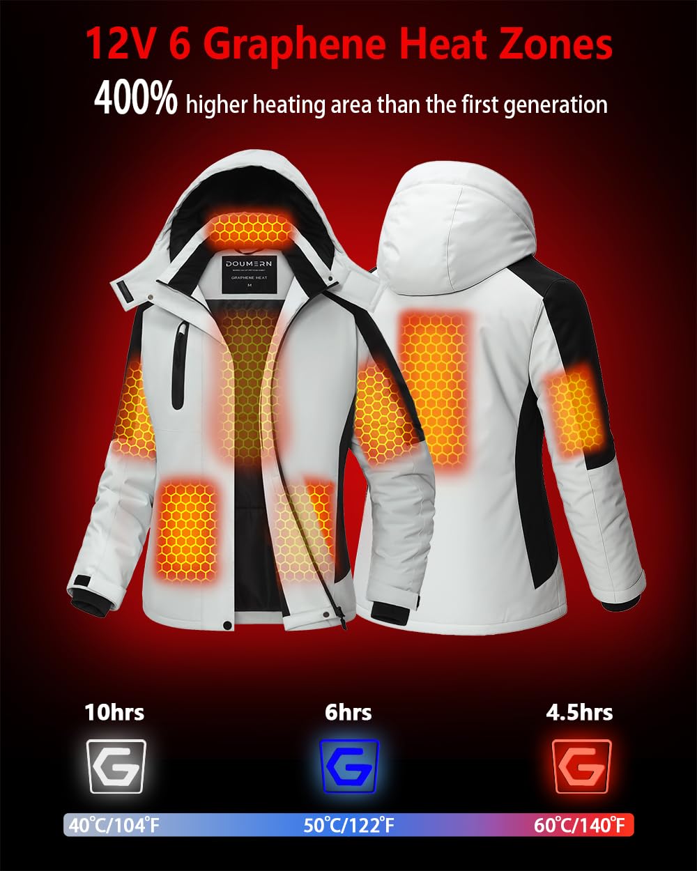 Doubern Official graphene heated jacket with detachable hood for adaptable cold-weather protection.
