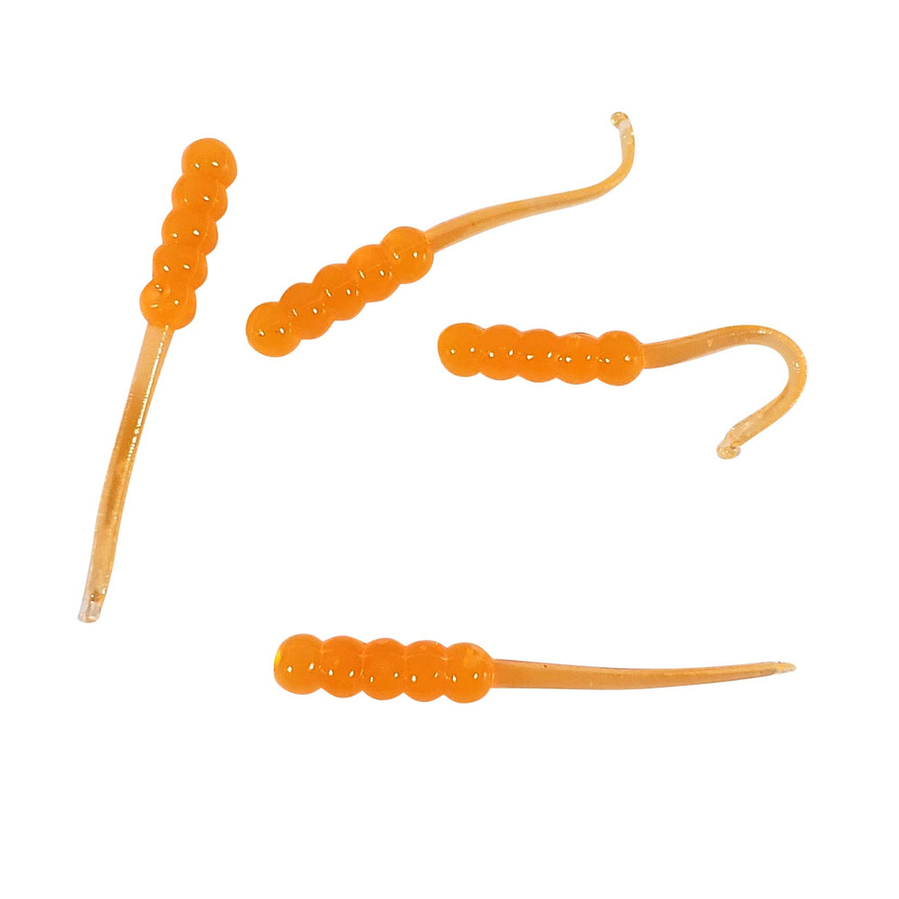 Close-up of Double Catch Dancing Waxie JR orange soft-plastic body showing ribbed texture and action.
