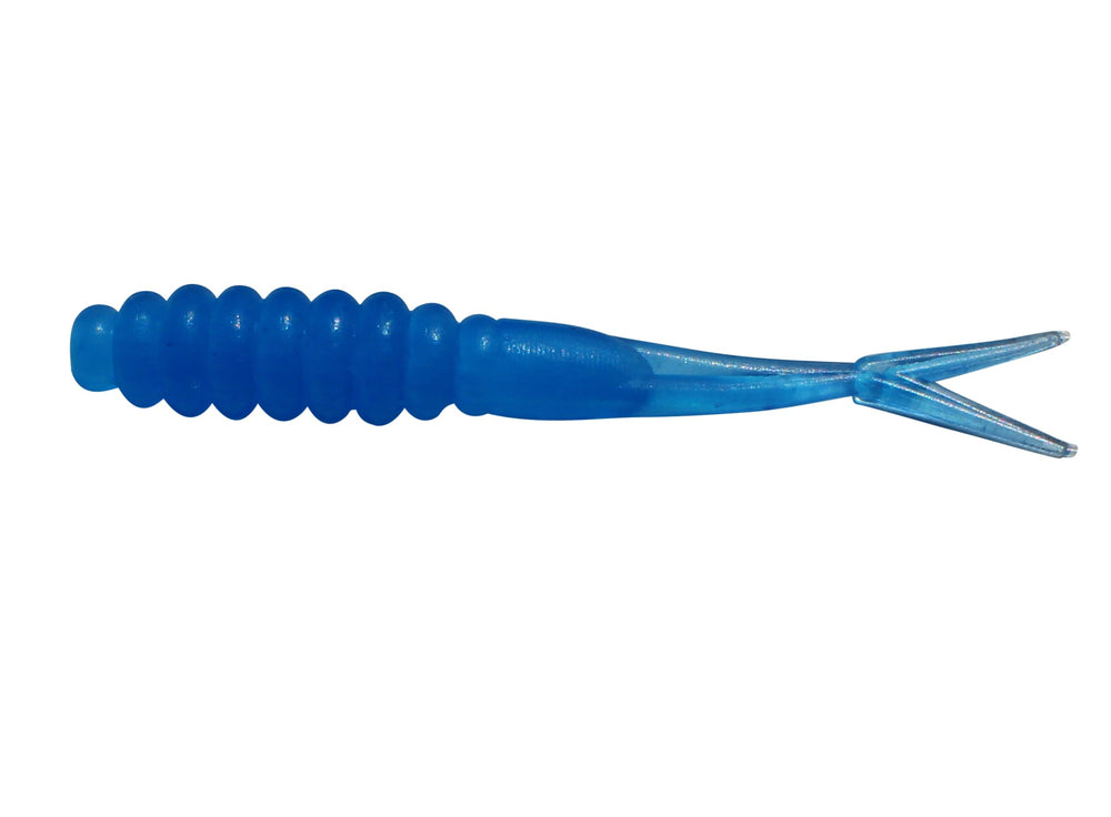Double Catch Tiny Fluke Crappie Panfish Plastic in blue glow with vivid tail action.