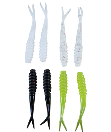 Double Catch Tiny Fluke scented bait for ice fishing and panfish, white blue glitter.