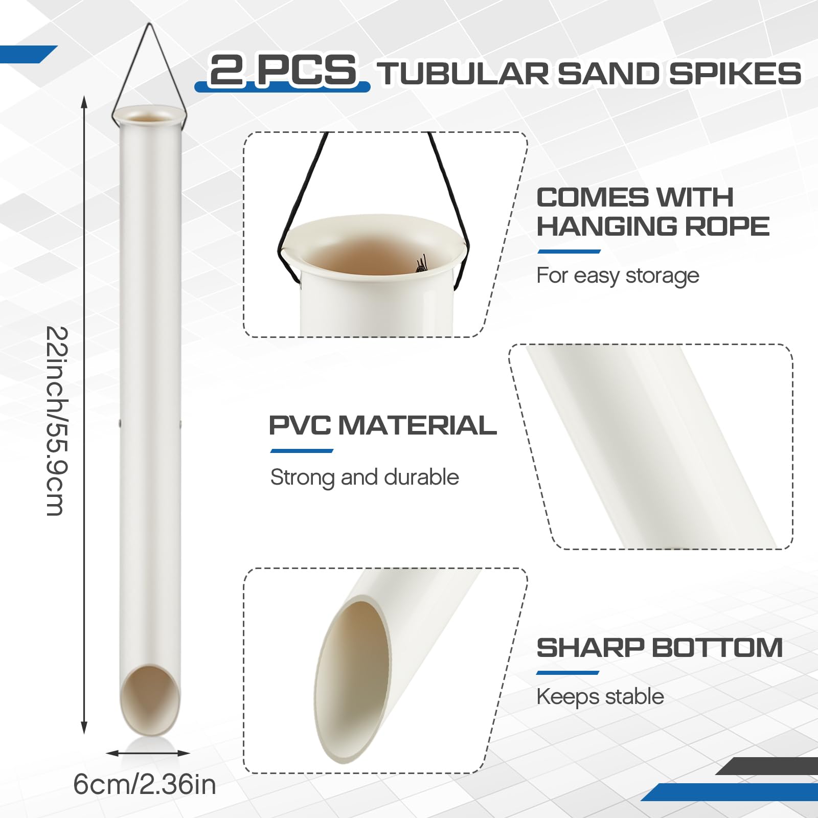 Close-up of PVC sand spikes ready to be installed in sand