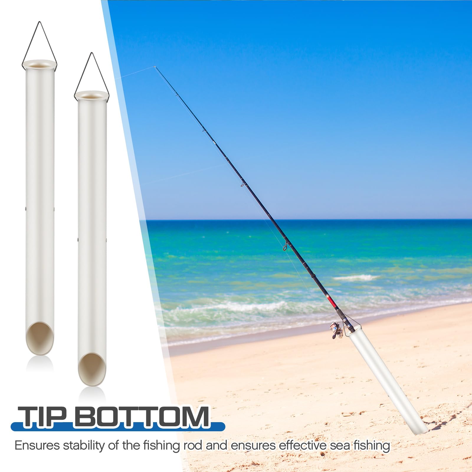 22-inch sand spike holding a fishing rod on a sandy beach