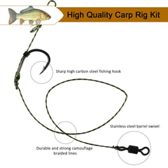 Hair rigs with sharp carp hooks and camouflage braided line