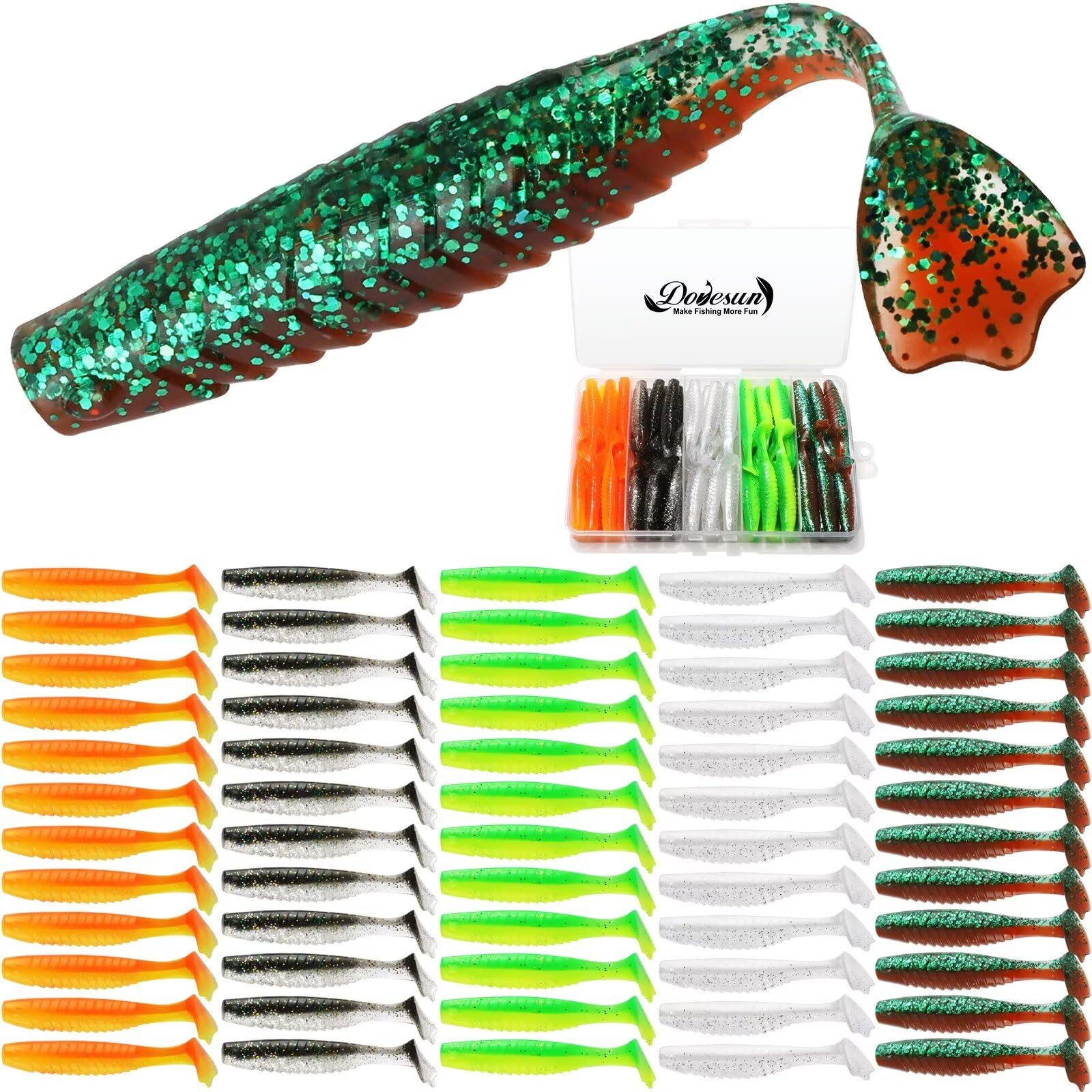 Dovesun Crappie Lures Kit soft plastic paddle tail swimbaits close-up, 60pcs