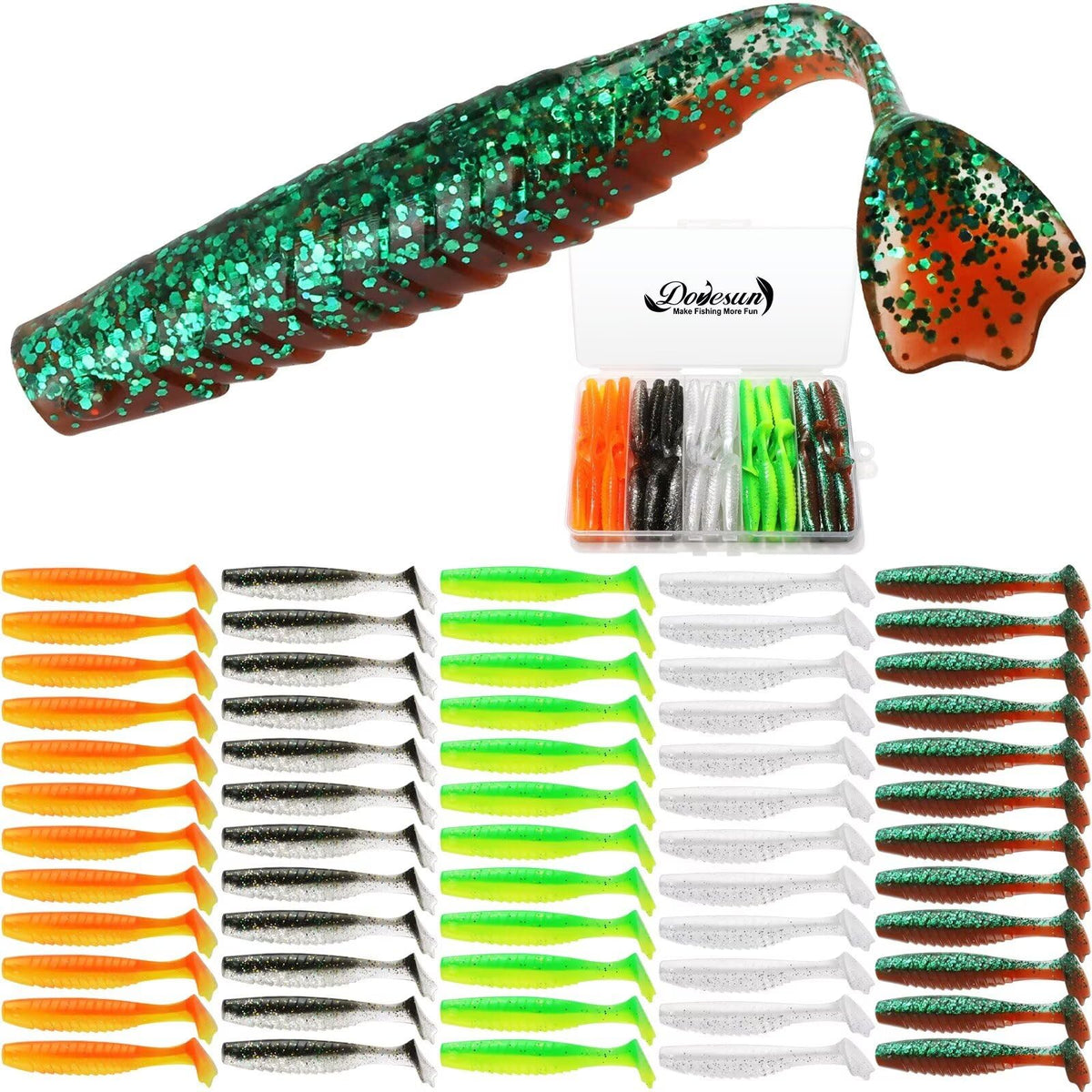 Dovesun Crappie Lures Kit soft plastic paddle tail swimbaits close-up, 60pcs