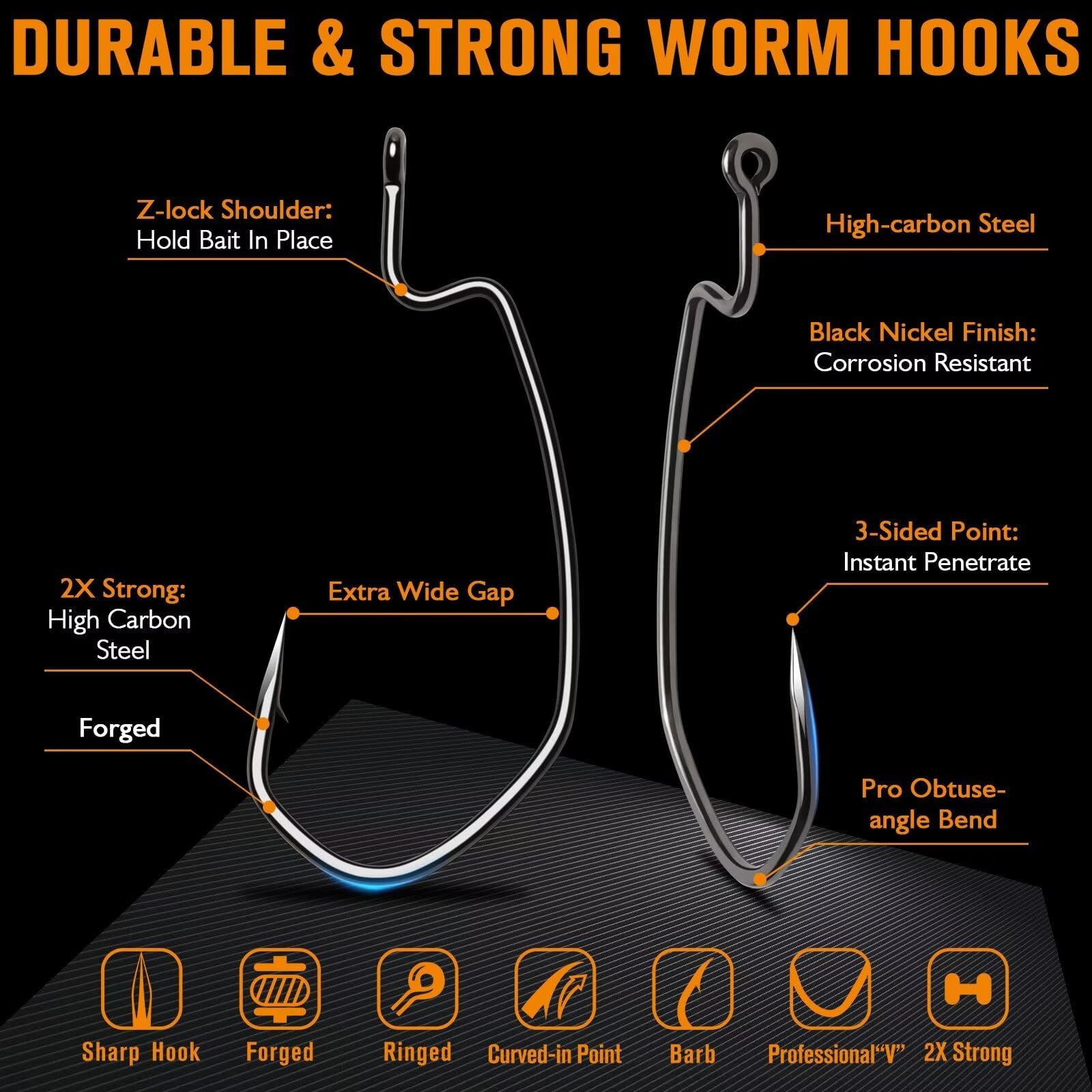 Dovesun EWG Offset Worm Hooks 50pcs pack, versatile for Texas rig setups beneath docks.