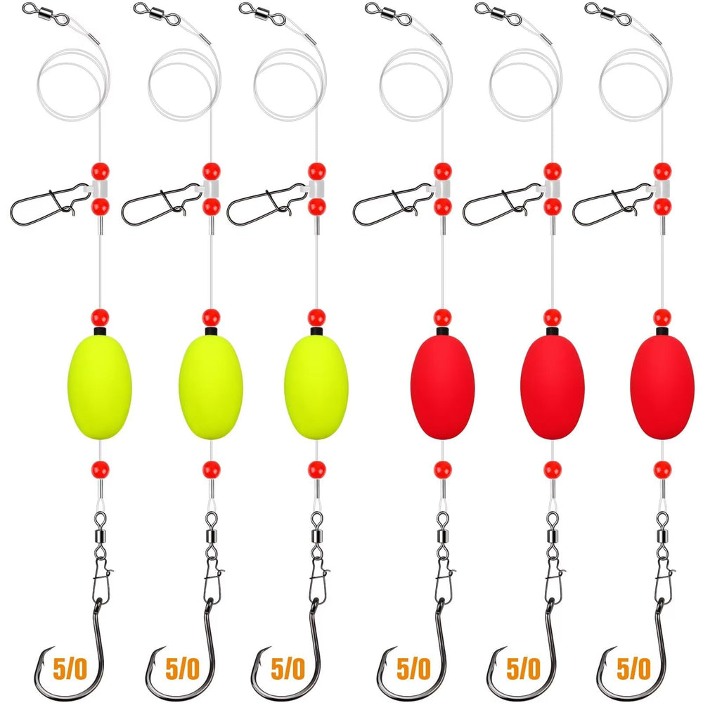 Rig ready for surf fishing with weight, float, and hooks