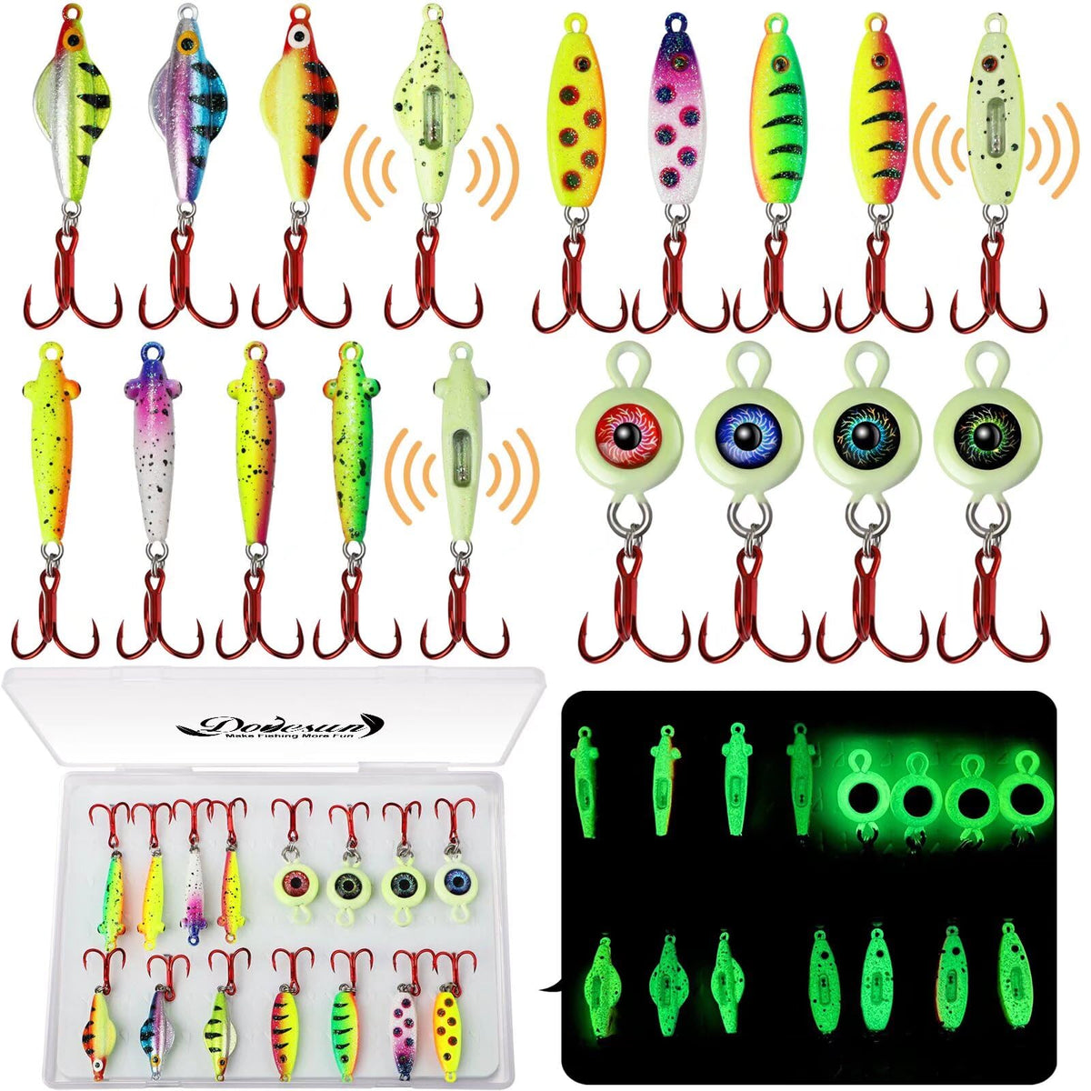 Dovesun ice fishing jigs kit display with 4-piece Crouching Tiger Spoon