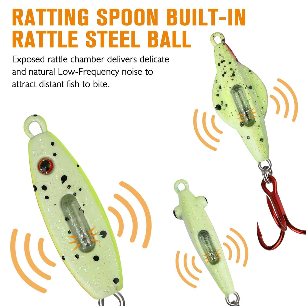 Close-up of glow-in-the-dark ice fishing spoons
