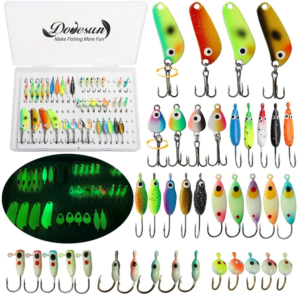 Dovesun 38-piece ice fishing jigs stored in a box