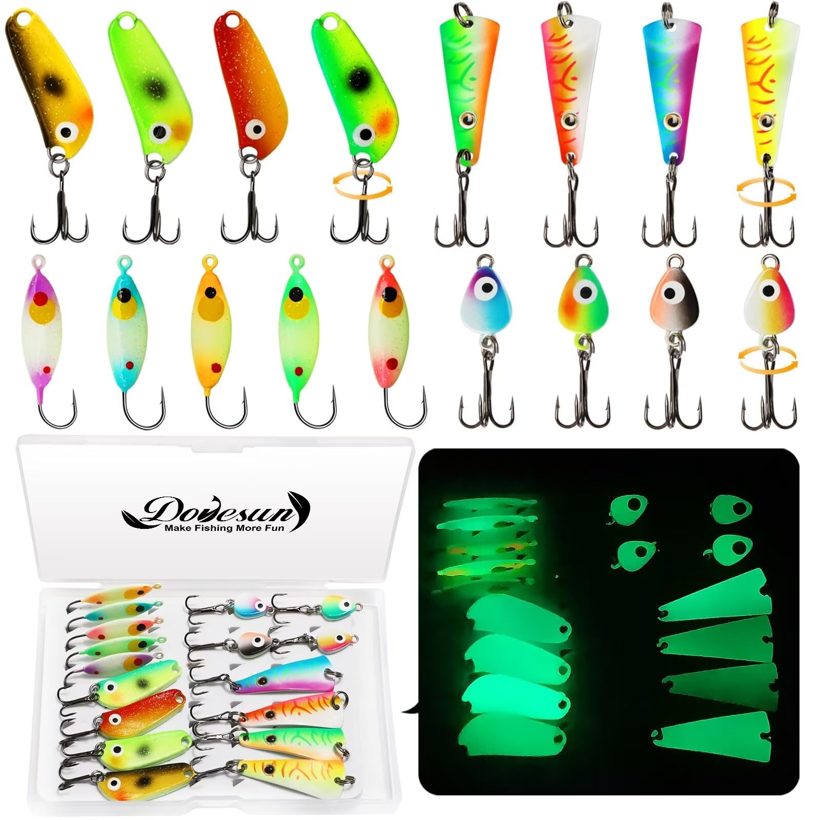Dovesun glow-in-the-dark ice fishing jigs kit front view