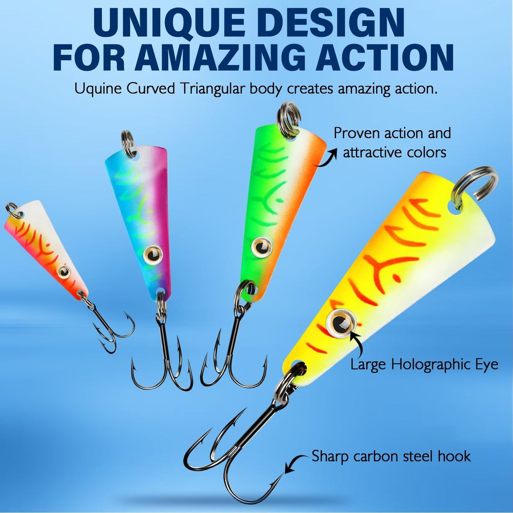 Organized storage box holding 17 ice fishing jigs