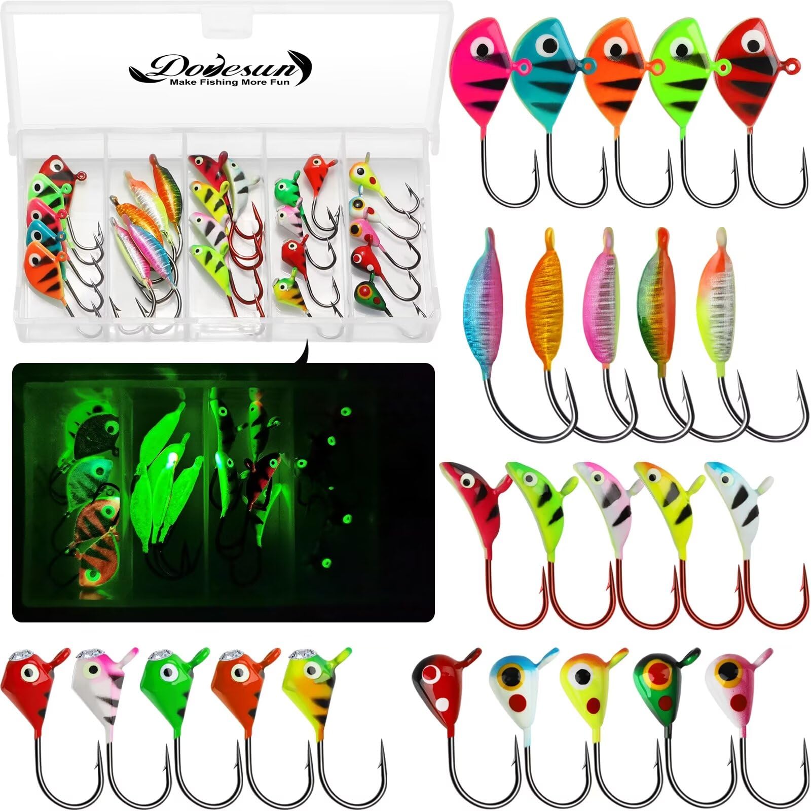 Dovesun ice fishing jigs glow in the dark assortment