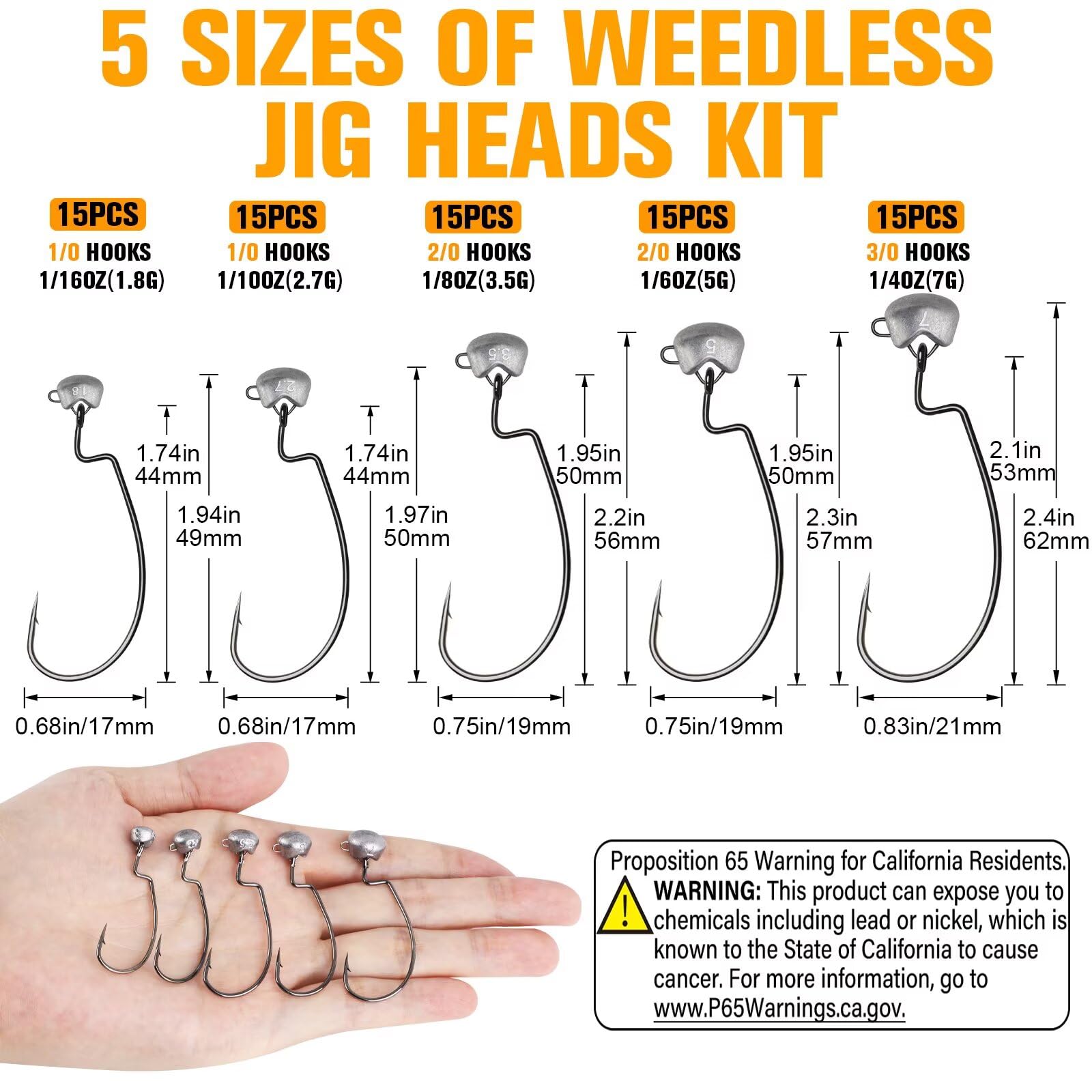 Dovesun Ned Rig jig head 1/4oz (7g) with 3/0 hook in a 15-pack