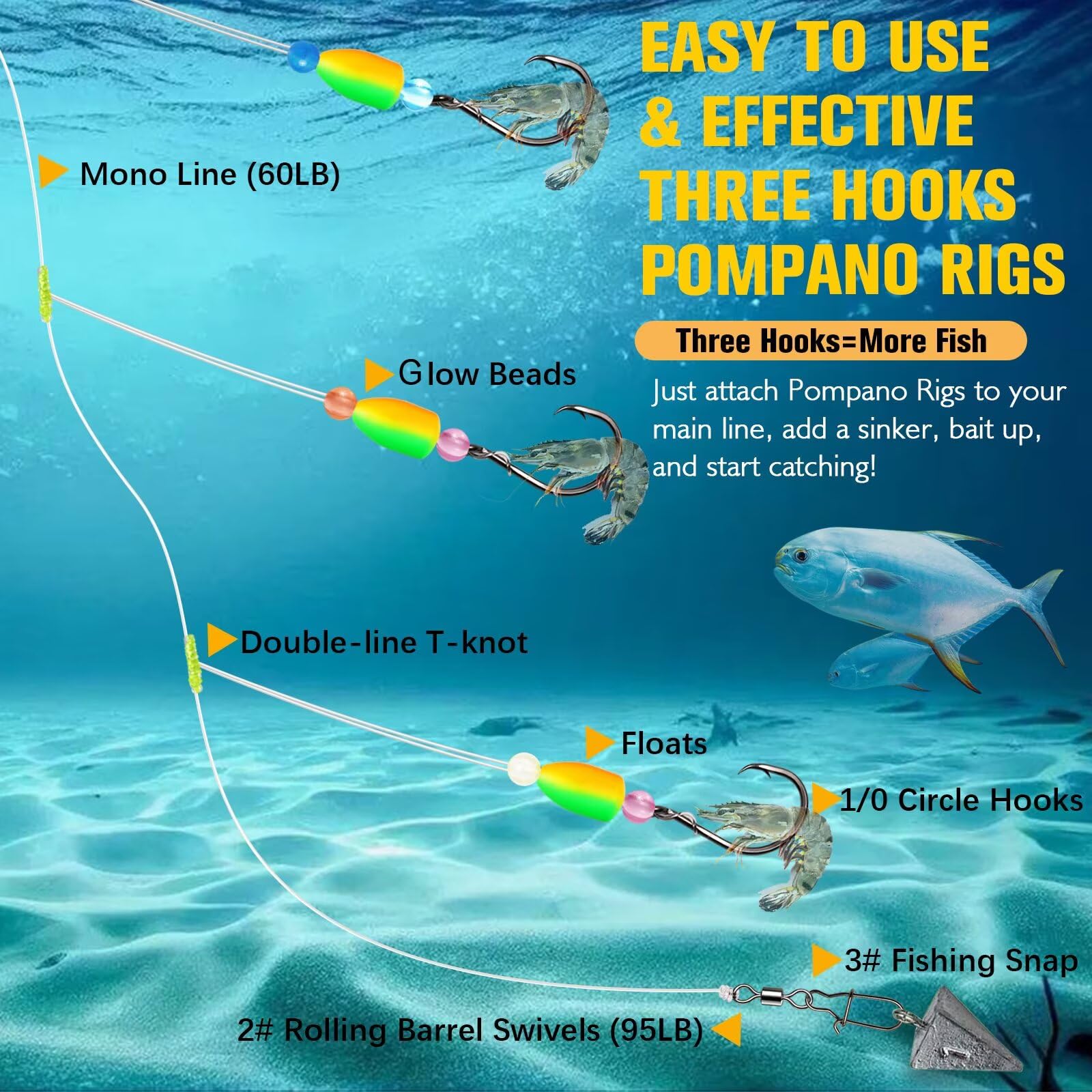 Three-circle-hook pompano rig with high-carbon steel hooks