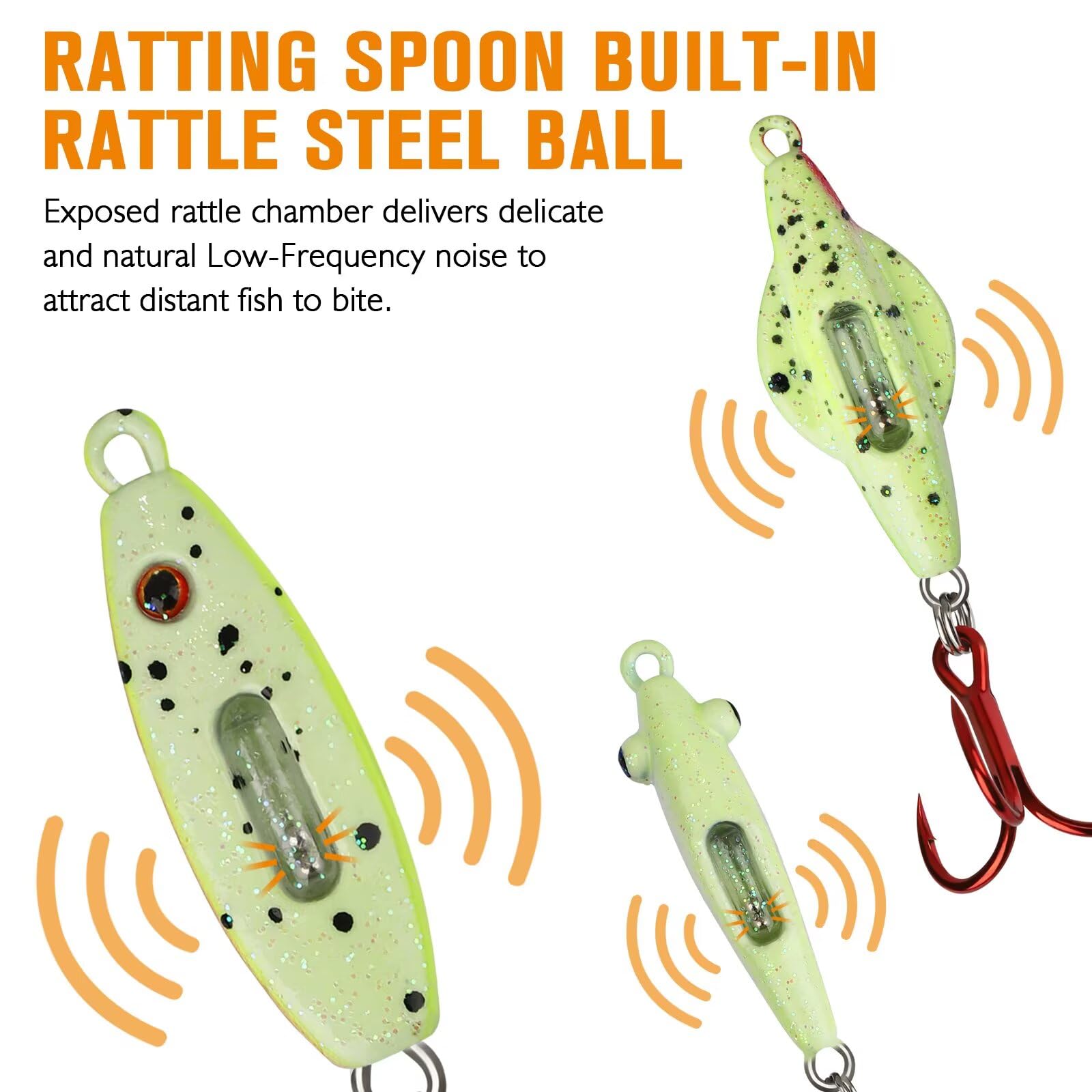 Dovesun rattle-ball ice spoon closeup showing audible attractor for distant fish