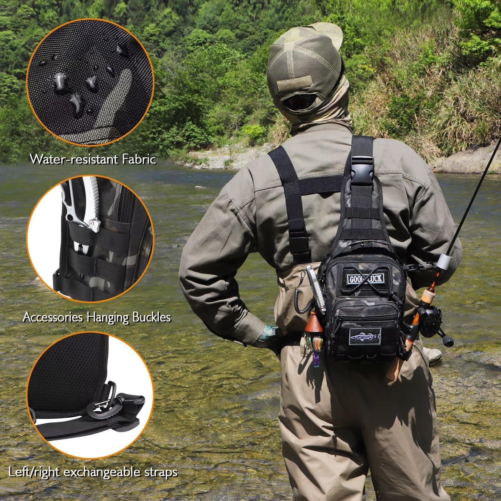 Side view showing rod securing strap on Dovesun pack