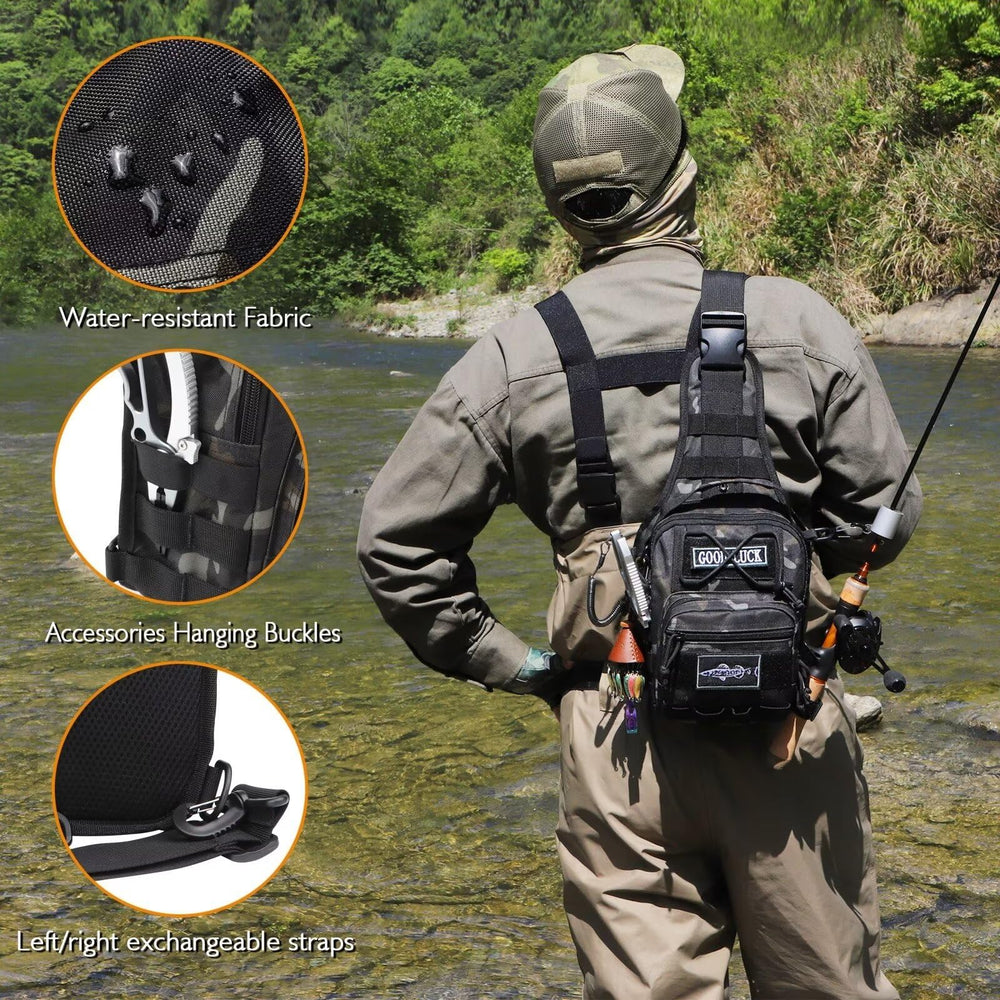 Side view showing rod securing strap on Dovesun pack