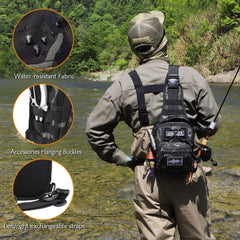 Side view showing rod securing strap on Dovesun pack