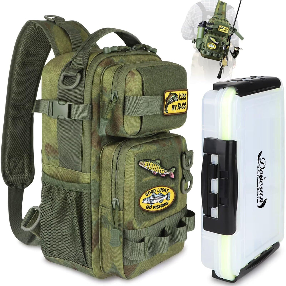 Dovesun small fishing backpack front view with organized gear access