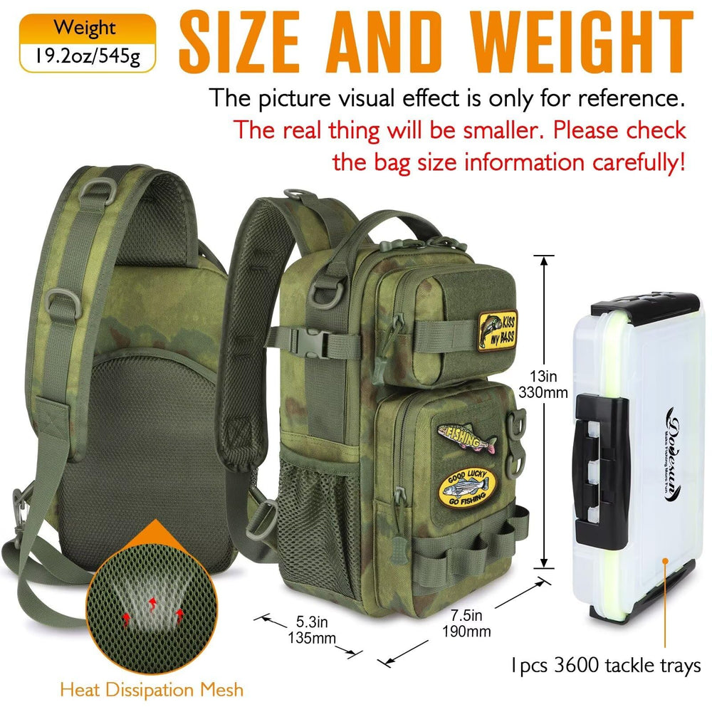 Dovesun small fishing backpack side view shows hanging buckles for easy retrieval